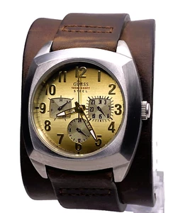 GUESS STEEL G85636G MULTIFUNCTION 10ATM GOLD DIAL BROWN LEATHER BAND MEN'S WATCH - Picture 1 of 21