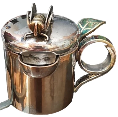 Taza de miel con plato de plata Los Castillo Taxco con lapislázuli/malaquita *TAL CUAL Foto 1 de 4