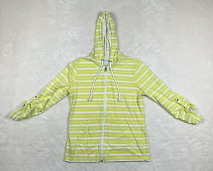 Tek Gear Women’s Roll Tab Sleeve Zip Up Hooded Yellow White Striped Jacket Sz L - Picture 1 of 10