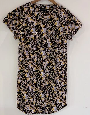 Vestido Camisa H Halston Manga Corta Abotonada Negro Floral Hasta la Rodilla Pequeño Foto 1 de 4