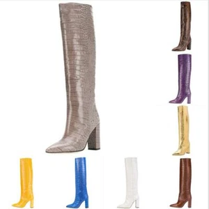 Womens Ladies High Heel Biker Cowboy Leather Goth Knee High Boots Big Size 35-48 - Picture 1 of 26