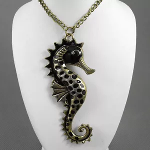 BIG SEAHORSE charm pendant NECKLACE 27"long chain BLACK ENAMEL vintage brass - Picture 1 of 2