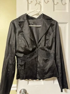 Black Collared Pleated Back Lace Leopard Print Lining Office Siren Blazer S Y2K - Picture 1 of 5