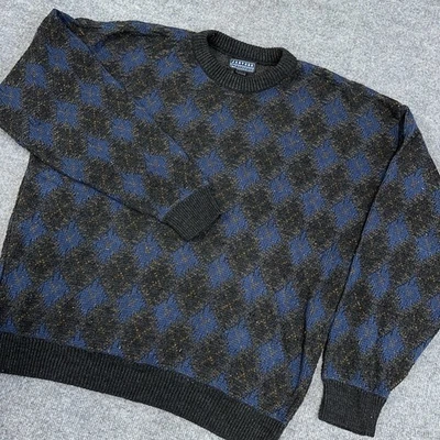 Vintage 90s Jantzen Pullover Knit Sweater Men L Black Blue Geometric Retro - Image 1 of 4