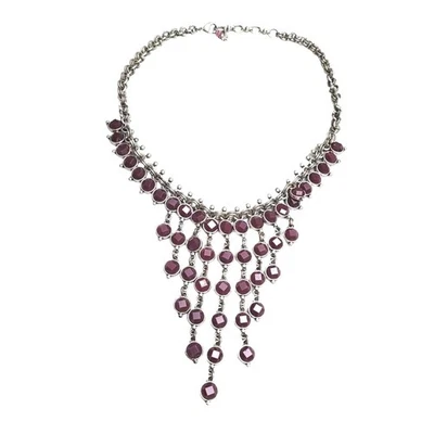 Lucky Brand Silver Tone Red Purple Jade Bib Necklace Chunky Steampunk - Image 1 of 4
