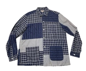 Mens XL Wallace And Barnes Patchwork Shirt Indigo Plaid Stripes Cotton Linen - Picture 1 of 7