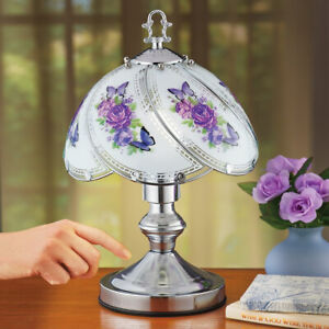 Butterfly & Purple Roses Flower Glass 3-Way Touch Table Lamp Silver Base