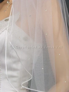 2T White Bridal Fingertip Scattered 50 Rhinestones Rattail Edge Wedding Veil - Picture 1 of 5