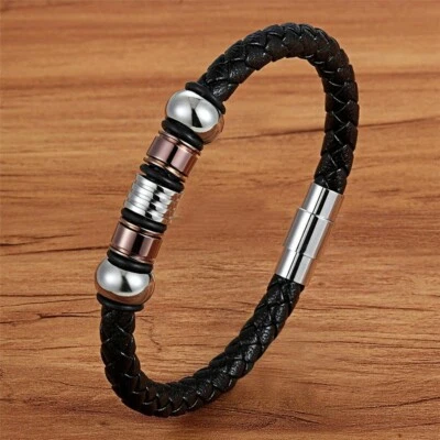 Pulsera magnética negra para hombre de cuero trenzado genuino 8,3 pulgadas Foto 1 de 2