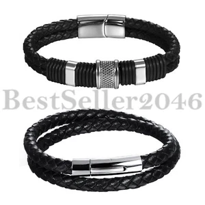 Brazalete de cuero trenzado trenzado con hebilla magnética de acero inoxidable 2 piezas para hombre - Imagen 1 de 6