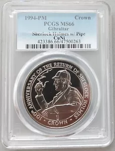 GIBRALTAR 1 CROWN UNC COIN 1994 YEAR KM#285 SHERLOCK HOLMES WITH PIPE PCGS MS66 - Picture 1 of 2