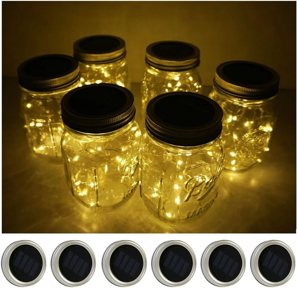 Mason Jar Solar Powered LED String Fairy Star Lights Silver Lids Warm White 6pcs