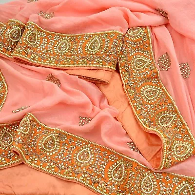 Vintage Heavy Peach Dupatta Pure silk Long Stole Hand Embroidered Hijab Scarves - Image 1 of 4