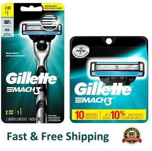 12 Gillette Mach 3 Razor Blade Metal Handle Fit Turbo M3 Shaver Refill Cartridge - Picture 1 of 2