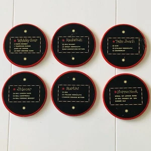 Vintage Set of 6 Metal Enamel MCM Drink Coasters Alcohol Cocktail Drinks Recipes - Picture 1 of 8