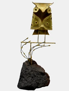 Owl Sculpture 3D Art Brass Metal Lava Base Mid Century Modern 10.5" High - Picture 1 of 4