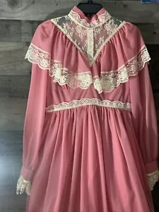 Vestido Victoriano Bohemio Vintage Rosa Montgomery Ward Encaje Gasa Talla Med - Imagen 1 de 15
