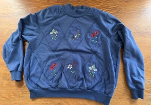 Vintage Alfred Dunner Sweatshirt Quilted Blue XL Floral Bird Cottage Grannycore - Picture 1 of 12