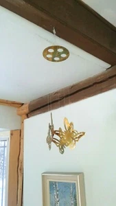 CHINESE BRASS WIND CHIME BIG 5 HANGING BUTTERFLYS ON A  5 INCHS ROUND SUPPORT - Picture 1 of 5