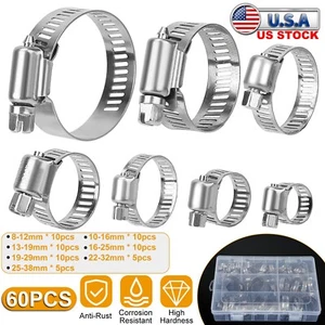 60 × Hose Clamp Set Stainless Steel Adjustable Worm Gear Pipe Tube Hose Clip Kit - Picture 1 of 10