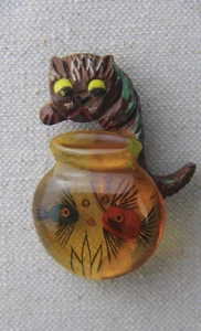 Rare Wood Cat and Reverse Carved Apple Juice Bakelite Fish Bowl Pin - Picture 1 of 15