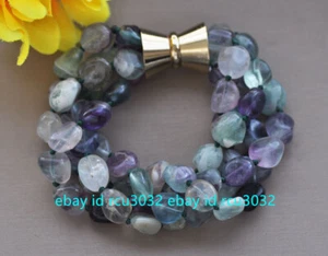 4 Rows Multi-Color Natural Fluorite 8-10mm Irregular Freeform Gemstone Bracelet - Picture 1 of 12