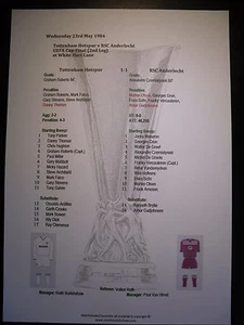 Final Copa UEFA 1984 (2ª etapa) Tottenham Hotspur v Anderlecht hoja de partido - Imagen 1 de 1