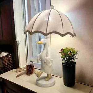 White Resin Duck & Umbrella Table Lamp Art Deco Animal Light Home Decor Lighting - Picture 1 of 4