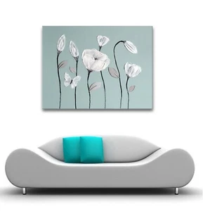 QUADRO A MANO FIORE BIANCO GRIGIO E UOVO D'ANATRA BLU QUADRO ZEN TELA STAMPA ARTISTICA - Foto 1 di 3