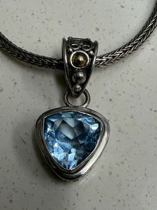 BA Trillion Cut Blue Topaz Pendant Necklace 925 Sterling Silver & 18K - Picture 1 of 4