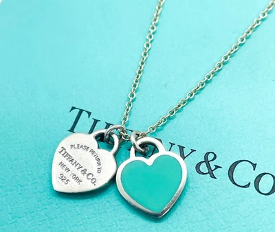 Tiffany & Co. Azul Mini Doble Corazón Etiqueta Colgante Collar 18" Foto 1 de 4