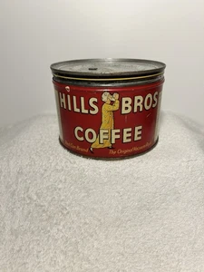 Vintage Hills Bros Red Can Brand One Pound Key-Wind Coffee Tin With Metal Lid - Picture 1 of 24