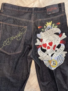 Vintage Ed Hardy Love Kills Slowly Skull Embroidered Jeans Size 42x34 Baggy Y2K - Bild 1 von 11