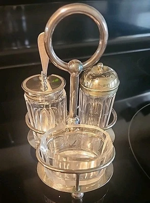 Antiguo juego de condimentos Walker & Hall jarra con soporte 1884 bandera cuchara de peltre Foto 1 de 4