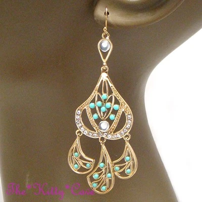Chic Mint Turquoise Fiilgree Gold Drop Chandelier Earrings w/ Swarovski Crystals Foto 1 de 3