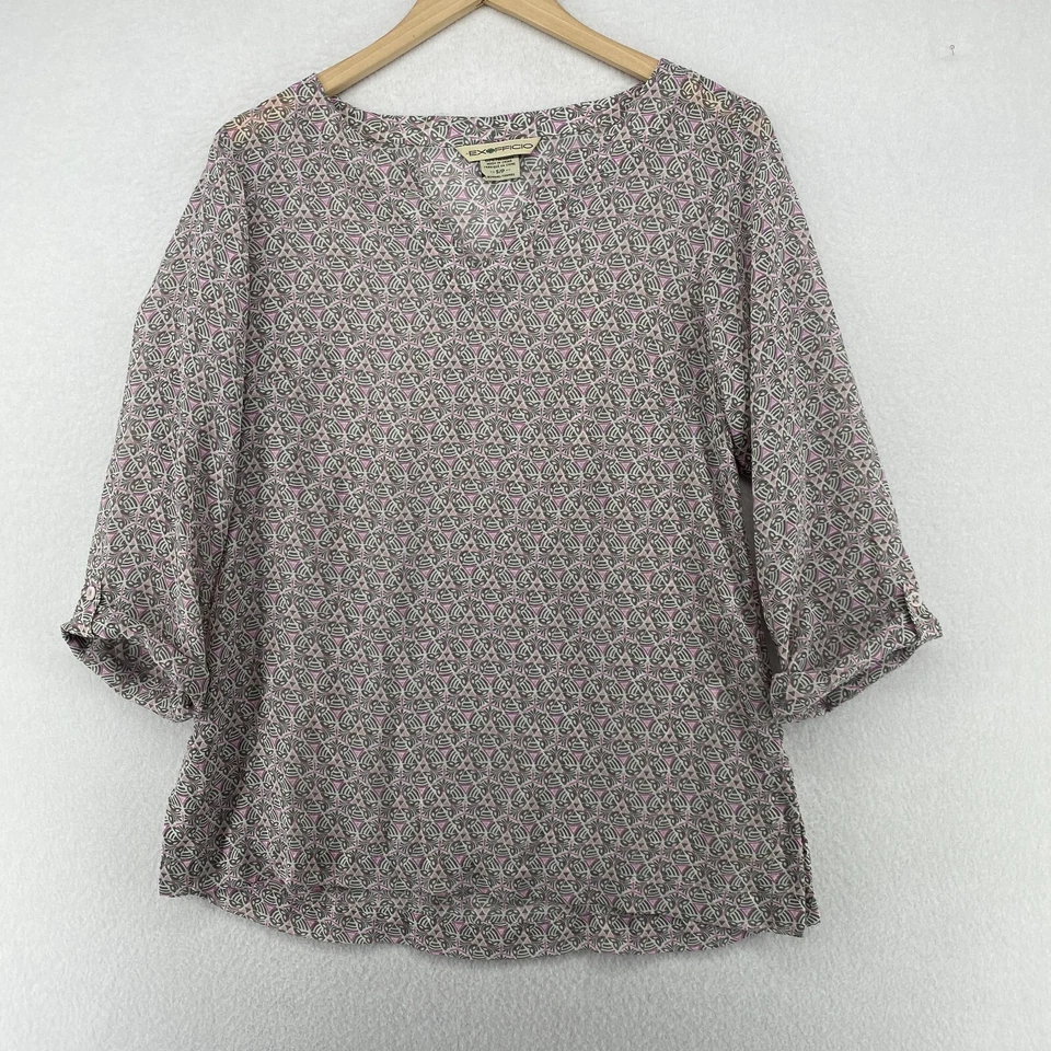 EXOFFICIO Blouse S Crinkle Chiffon Floral Button Cuffs 3/4 Sleeve Boho Purple - Image 1 of 4