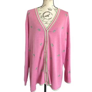 Quacker Factory Cardigan 2X silk blend embroidered grasshopper pink preppy - Picture 1 of 11