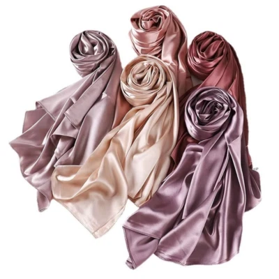 Hijab Muslim Women Head Scarf Solid Color Premium Silk Bubble Satin Shawl Wrap - Image 1 of 4