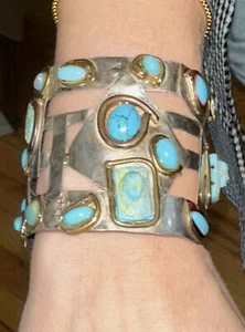 Unmarked Silver Scarab Turquoise Cuff Bracelet 2-1/8"-wide Handmade - Picture 1 of 11