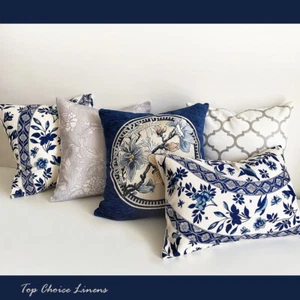 Classic Navy Blue/Grey Hamptons Chinoiseries Print Orchid Blooms Cushion Cover - Picture 1 of 19