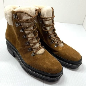 Bernardo Shearling Suede Lace Up Ankle Boots 7.5 Brown Fur Lined Lug Sole - Picture 1 of 9