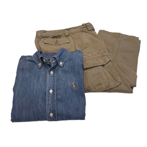 Polo Ralph Lauren Boys Outfit Green Cargo Pants & Long Sleeve Denim Shirt Sz 6 - Picture 1 of 15