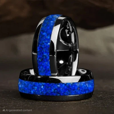 4/6/8 毫米硬质合金戒指带圆顶边缘 Lapis Lazuli 镶嵌戒指礼品 — 第 1/4 张图片