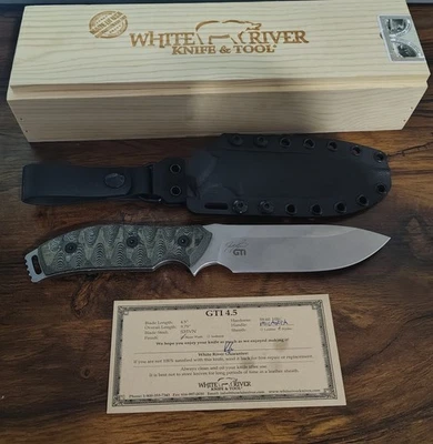 Cuchillo de supervivencia de hoja lavada a la piedra White River GTI 4.5 de lino negro y O.D Micarta Foto 1 de 4