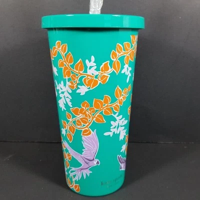 NUEVO Vaso aislado Kate Spade FIESTA DE PÁJAROS 20 oz tapa de paja guacamayo verde loro Foto 1 de 4