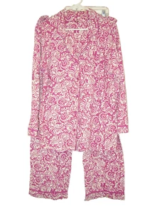 Damen XL Pyjama Set Langarm Hose Blumen Rosa Baumwolle Strick - Bild 1 von 6