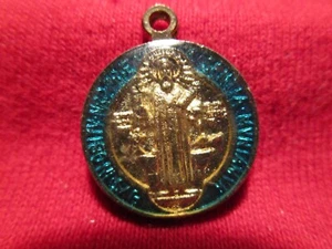 St Benedict Medal Patron of Schoolchildren Turquoise Enamel Goldtone Resin Seal - Picture 1 of 2