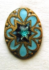 Antique Enameled Brass Button Oval w Turquoise & Foil Under Center 7/16"