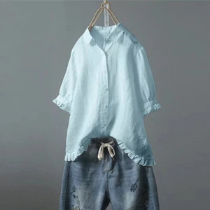 Damen Leinen Kurzarm Shirt Button Down Tops Locker Volant Rüschen Saum Tops - Bild 1 von 15