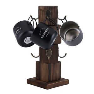 8 Hooks Coffee Mug Holder for Counter Rustic Solid Wood Mug Tree Farmhouse Wo...